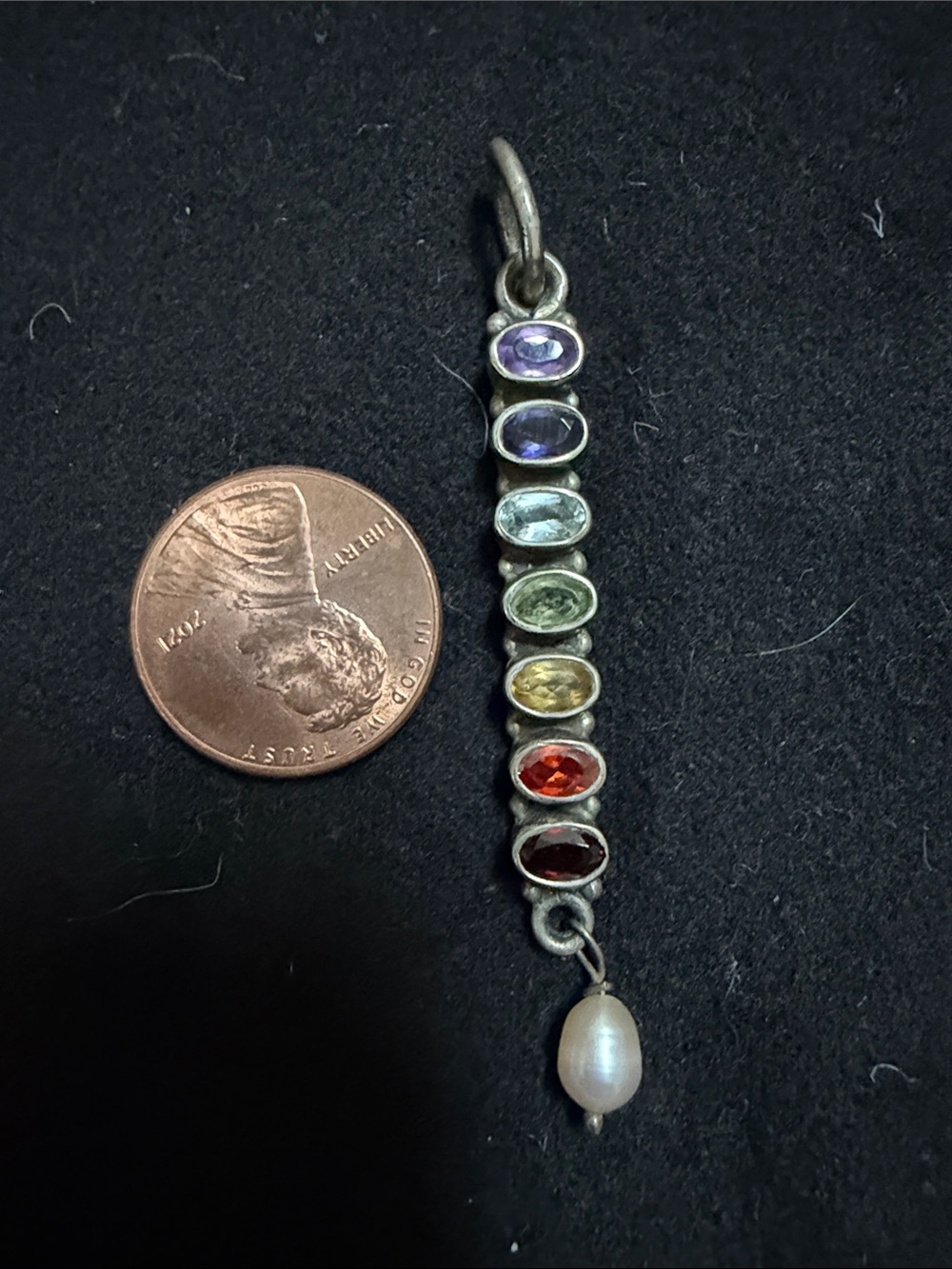 Source Unknown Sterling Multi-Color Gem Bar Pendant with Pearl - Picture 2 of 11